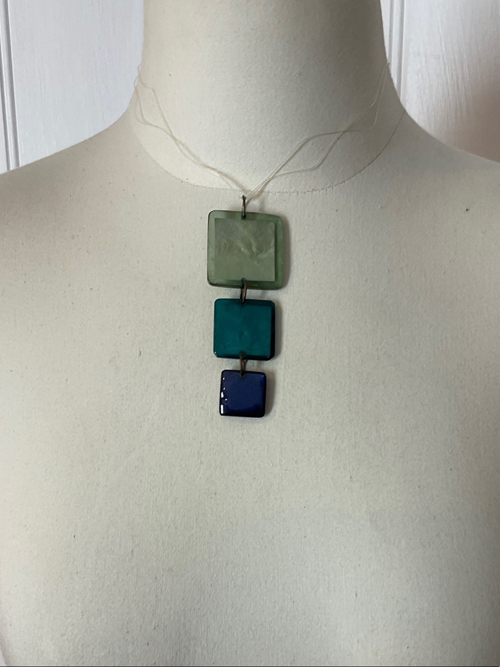 Three-Tier Square Pendant Necklace in Green, Teal, and Blue